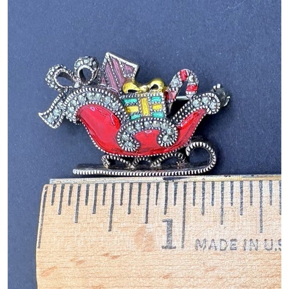 Judith Jack Sterling Silver Enameled Marcasite Christmas Sleigh Pin Brooch